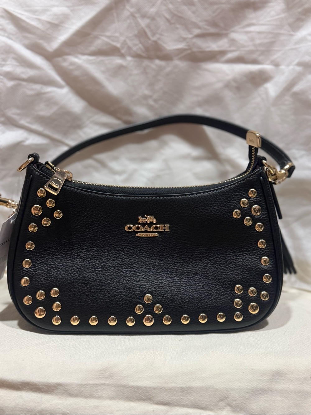 Coach Black Leather Studded Shoulder Bag with Gold Hardware